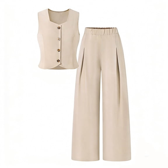 LIIPEE Girls Outfit Sets Casual Summer Fashion Solid Color Sleeveless Square Neck Button Down Vest Wide Leg Pants 2 Piece Set Kids Children Comfortable Breathable Cute Clothing,Khaki,9-10 Years