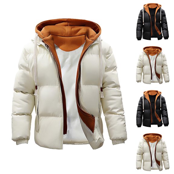 Loose Fit Men's Drawstring Hooded Zipper Puffer Jacket Winter Warm Coat Outwear Parka Jacket Thicken Ski Coat Big and Tall Size M-3XL White