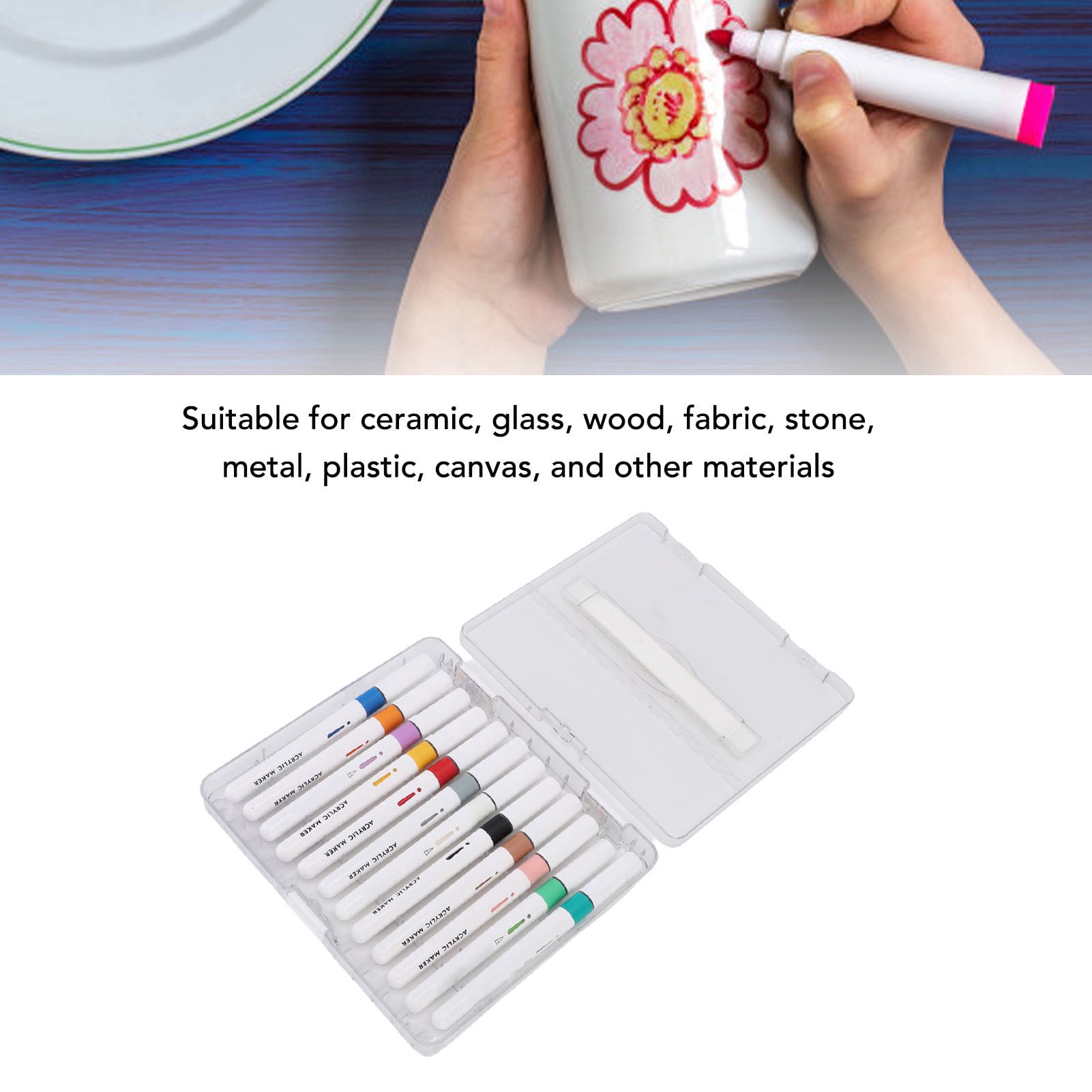 YAHHU 12 Colors Acrylic Paint Pen Set Direct Liquid Tip Art Markers for Rock Glass Wood Ceramic Canvas Crafting Projects White Rod Durable Assorted Multicolor