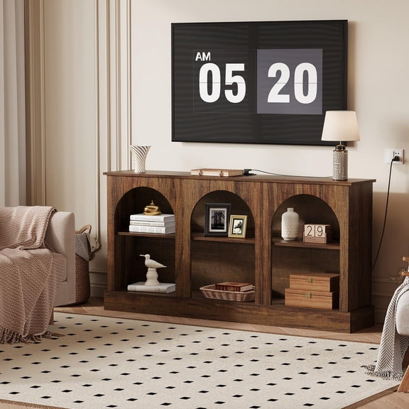 63 Inch Arched TV Stand with Power Outlets & Charging Station, Modern Entertainment Center Console with 3-Tier Open Shelves for 65 70 Inch TV, Media Console for Living Room