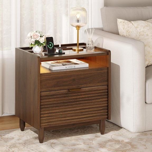 Virans Fluted Nightstand with 2 Drawers, LED & Charging Station,Wood End Side Table with Storage & Glass Tabletop for Bedroom Living Room, Walnut