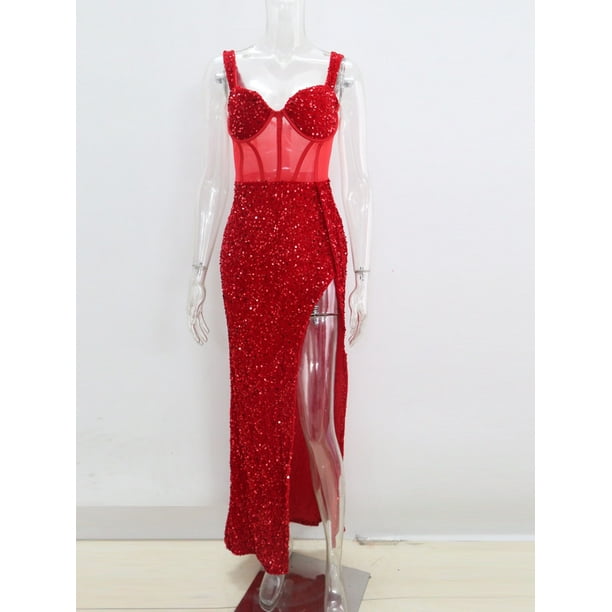 Kricesseen Elegant Mesh Sequins Velvet Maxi Dress New Glam Women Spaghetti Strap High Split Birthday Clubwear Long DressM Gao Jinjia LED