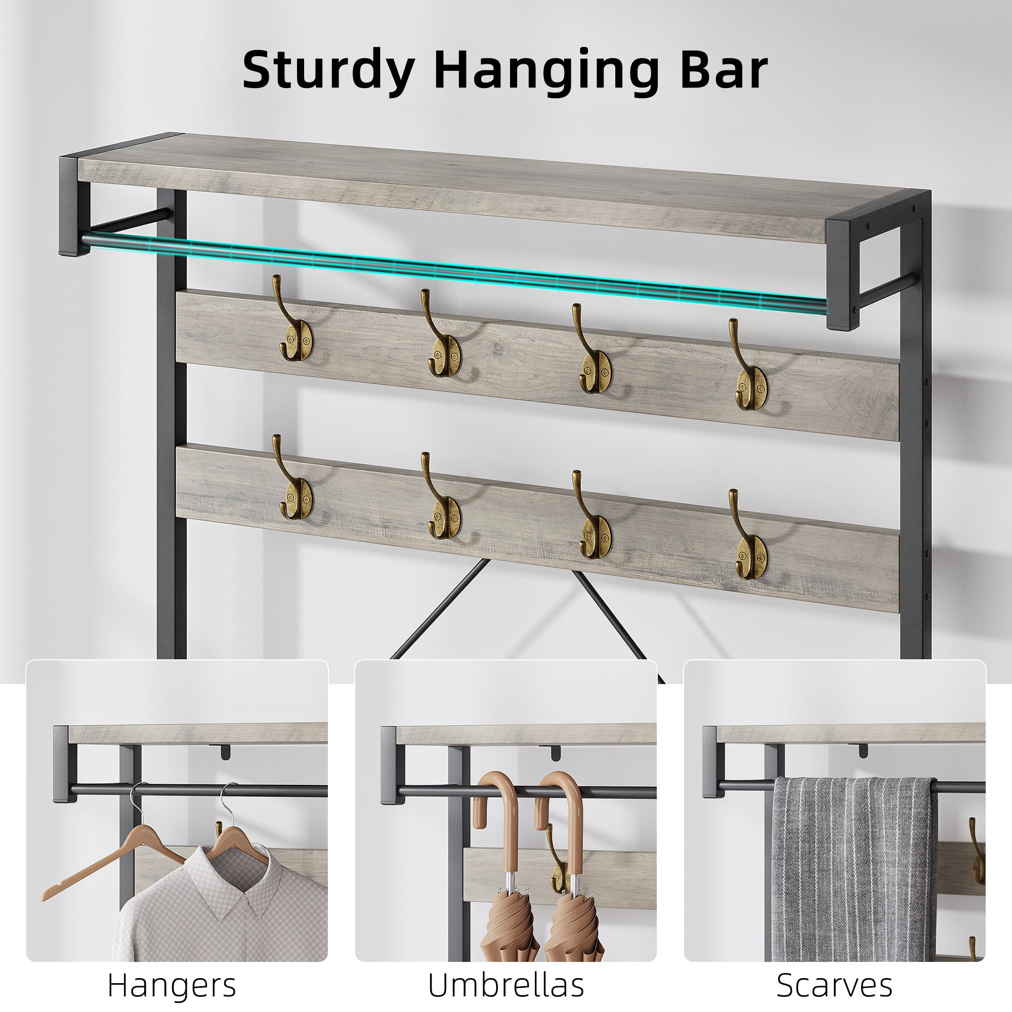EastVita Coat Rack Shoe Bench Industrial Hall Tree Storage Bench for Entryway Wood Look Accent Large Shoe Rack Bench with Storage Shelf Hanging Bar,8 Hooks Grey 39.9"x15.7"x72"