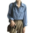 thumbnail image 2 of Yigetop Button Up Shirt Women, Loose Solid Color Temperament Design Casual and Versatile Long Sleeved Top Long Sleeve Shirts for Women Dark Blue 2XL, 2 of 5