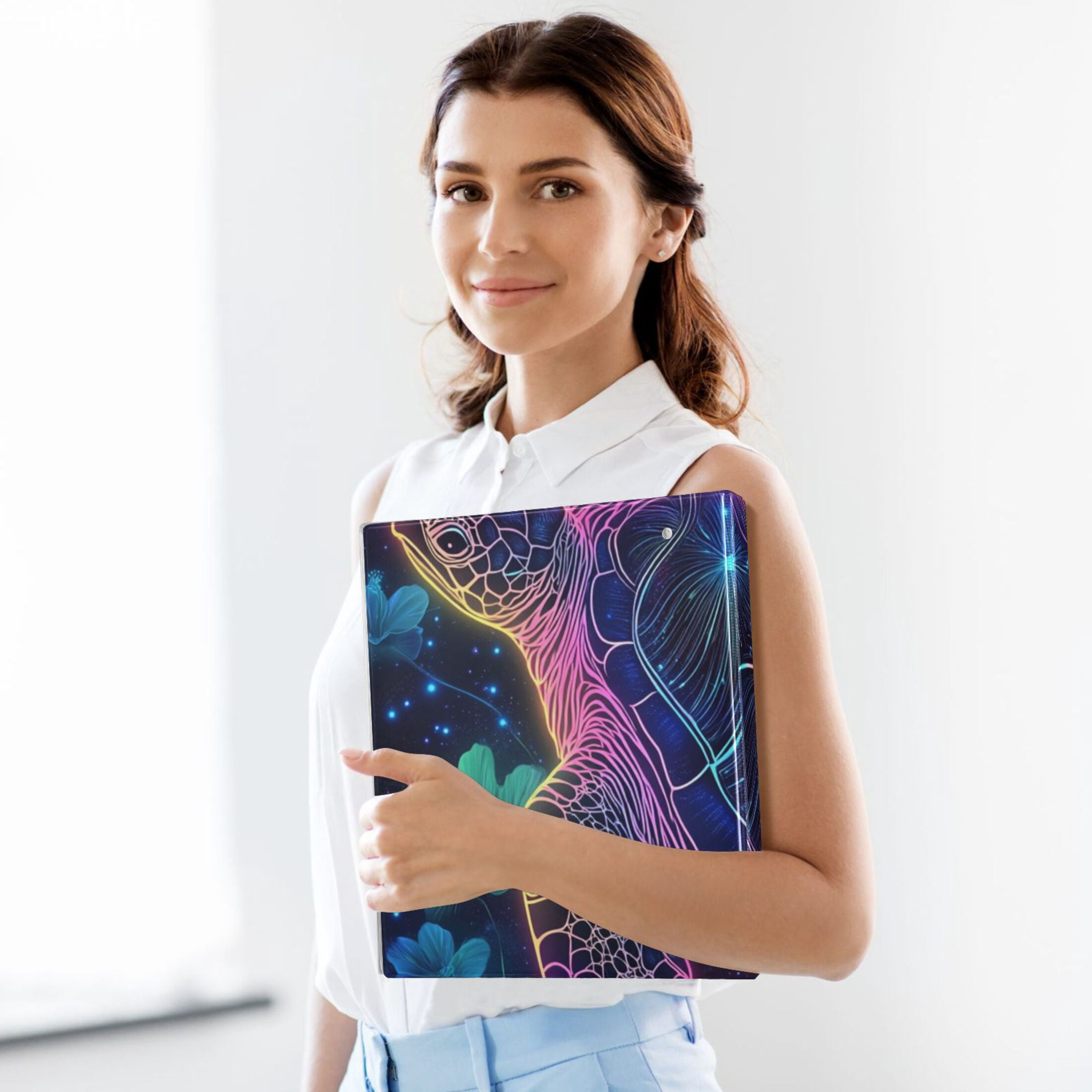 Sea Turtle and Flowers Glowing 3 Ring Binders 1.5 inch Hardcover File Folders with Interior Pockets A4 Size Organizer for School Office Hospital Set of 2