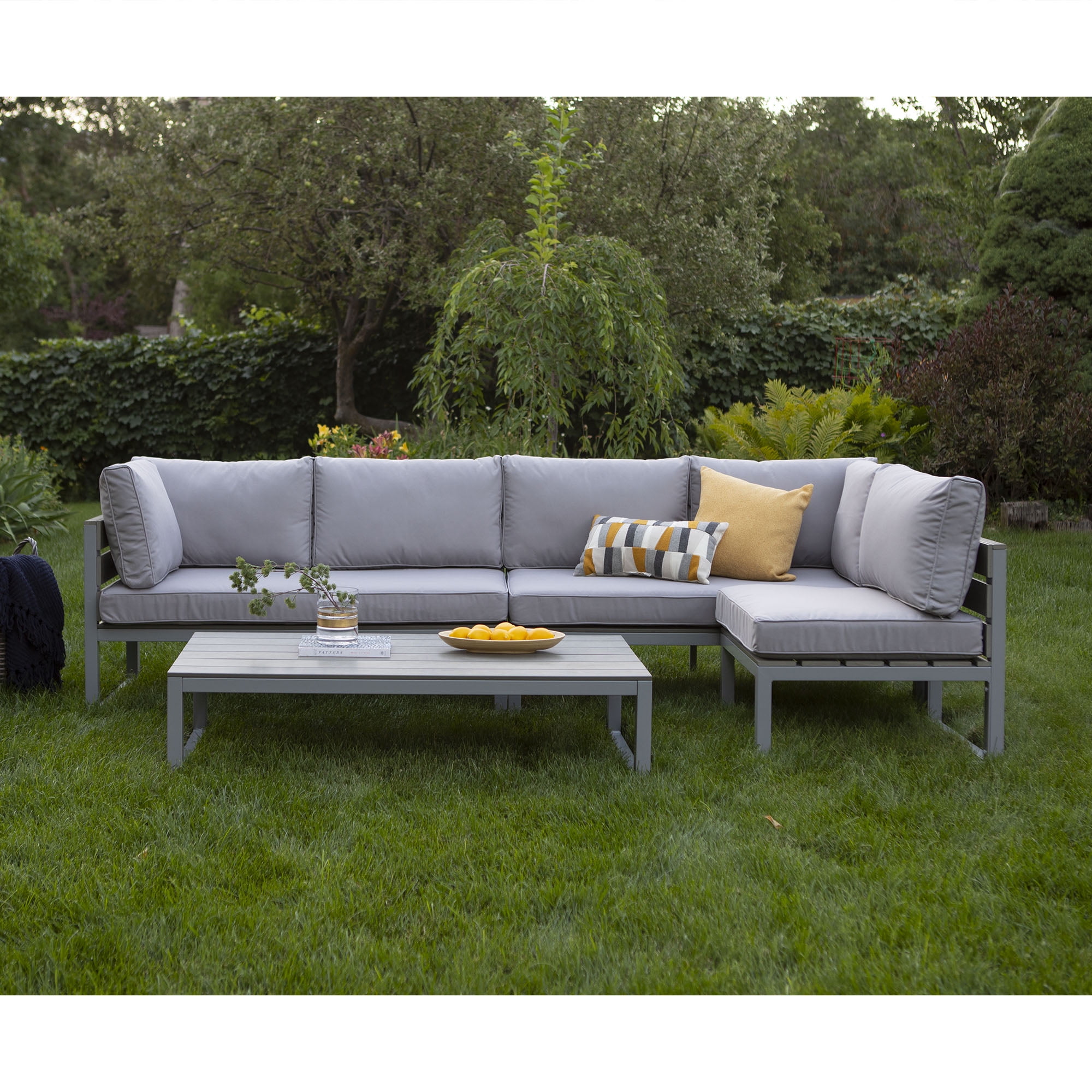 Walker Edison 4-Piece Aluminum Outdoor Patio Conversation Set with Cushions, Grey