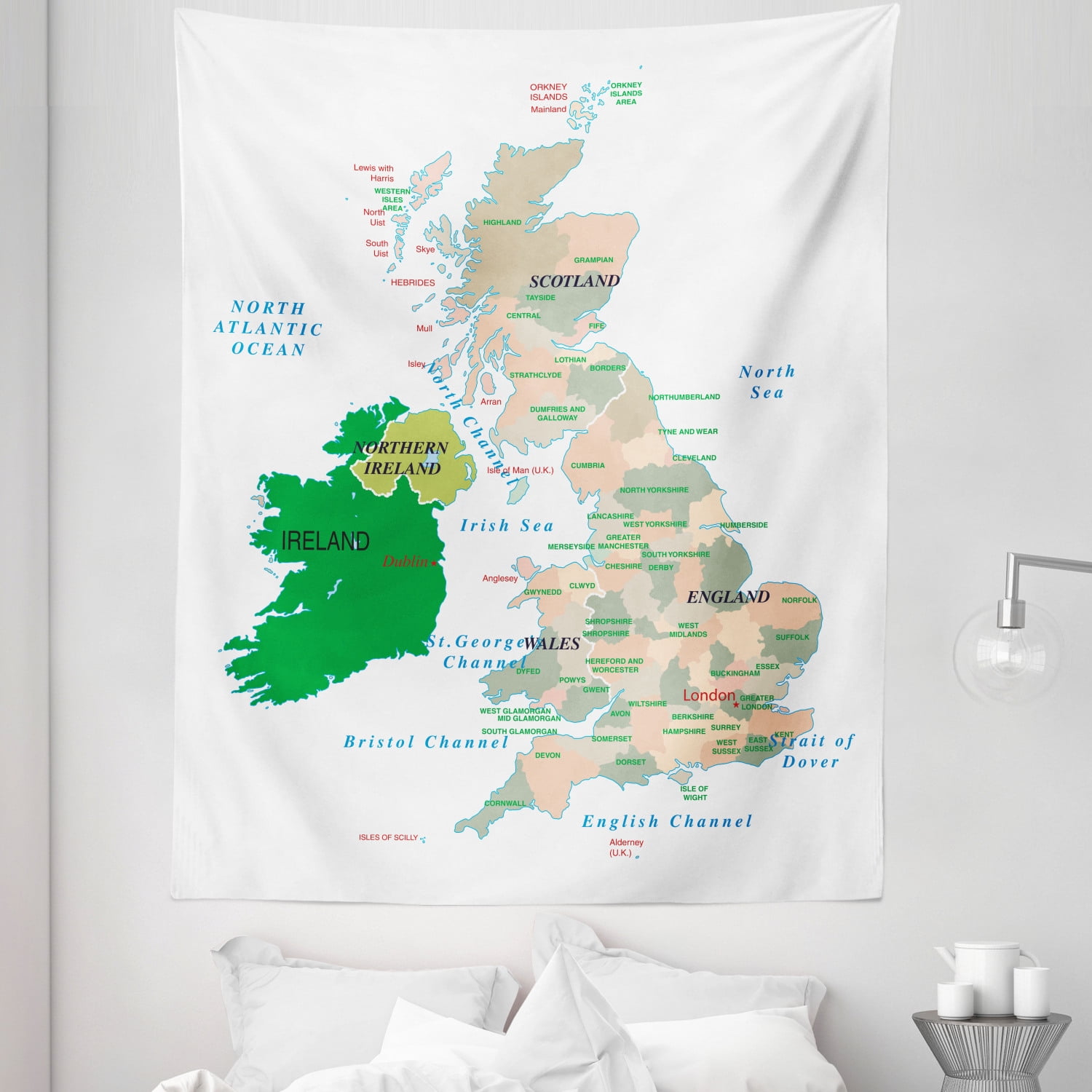 Ireland Map Tapestry, Info-Graphics with Names of Countries and Seas Indicated English Channel 