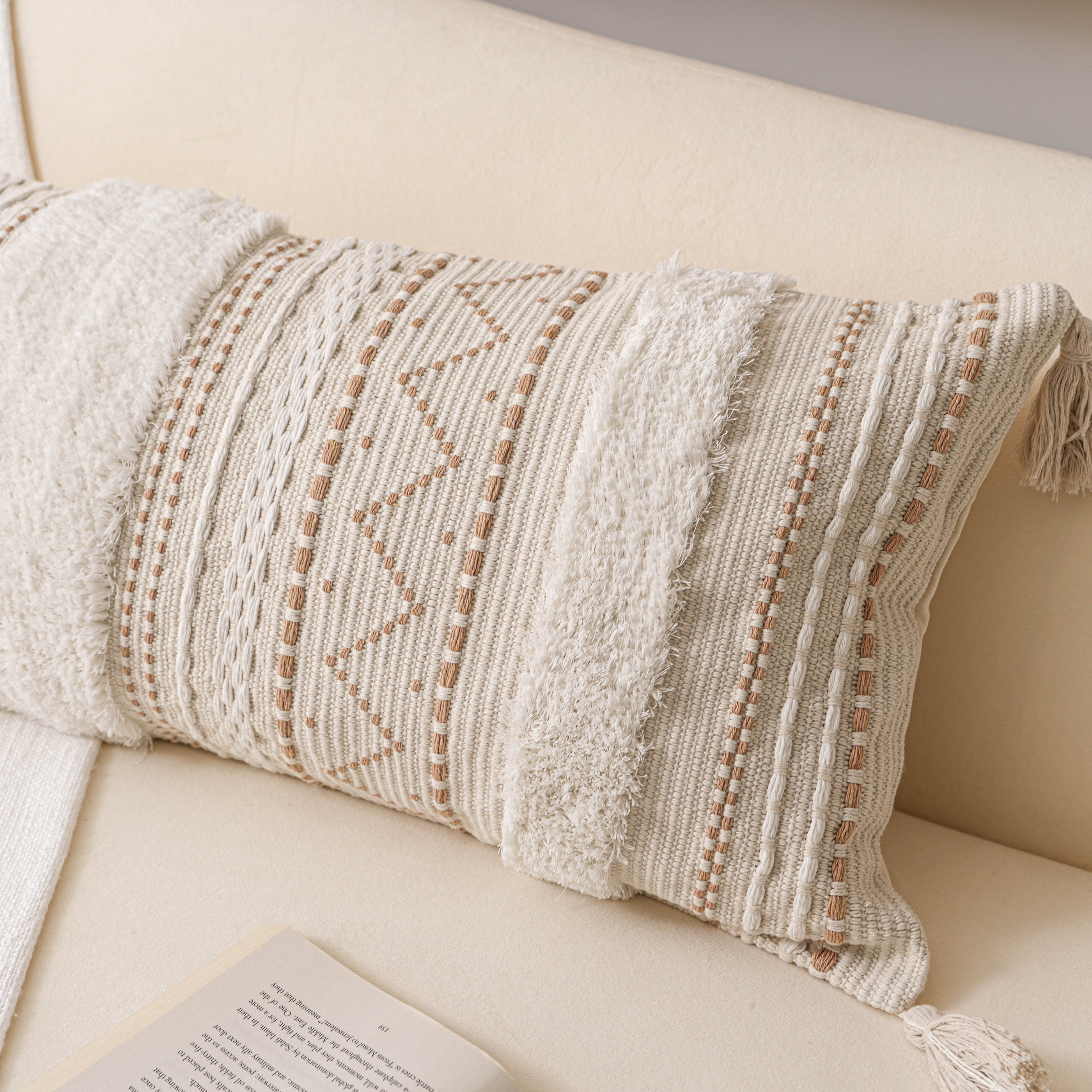 BlissBlush Cream Decorative Lumbar Throw Pillow Cover 14x36 Boho Long Cushion for Bed Neutral Accent Farmhouse Pillowcase for Bedroom Living Room Couch Sofa Home Décor (Cover ONLY, Pack of 1)