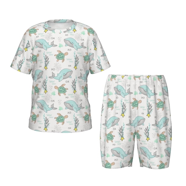 Balery Whale And Turtle Conjunto de Pijama Infantil de Manga Corta con Estampado – Ropa de Dormir de Algodón Suave-Large