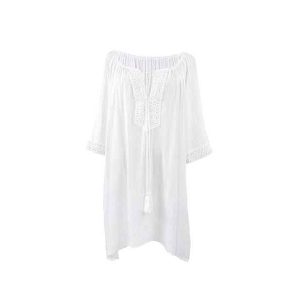 Camisa de mujer Minnieouse Encubrimientos Vestido de playa de manga larga Traje de baño Sexy Verano Tallas grandes Ropa suelta Ropa de protección solar Blanco