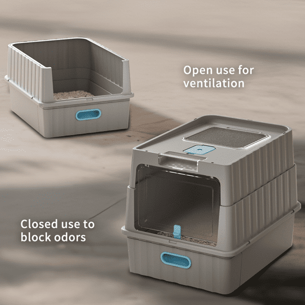 imerelez Black Thick Stainless Steel Fully Enclosed Cat Litter Box, Flip-Top 120° Wide Angle, Transparent Top, Odor Control with Carbon, Leak Proof, Large Space for Big Cats, Includes Scoop & Mat