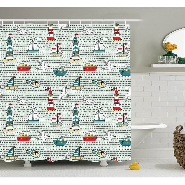 Lighthouse Decor Shower Curtain Set By , Seagulls Lighthouses Message