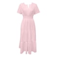thumbnail image 5 of Robes pour Femmes 2025 Été Manches Courtes Robe Maxi Décontractée Col en V Œillet Volantée Évasée Longue, 5 of 5