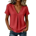 thumbnail image 3 of Craaazy Trendy Short Sleeve Blouses for Women V Neck Solid Color Lightweight Cotton Blend Tops with Pleated Front for Spring Summer Daily Wear, 3 of 9