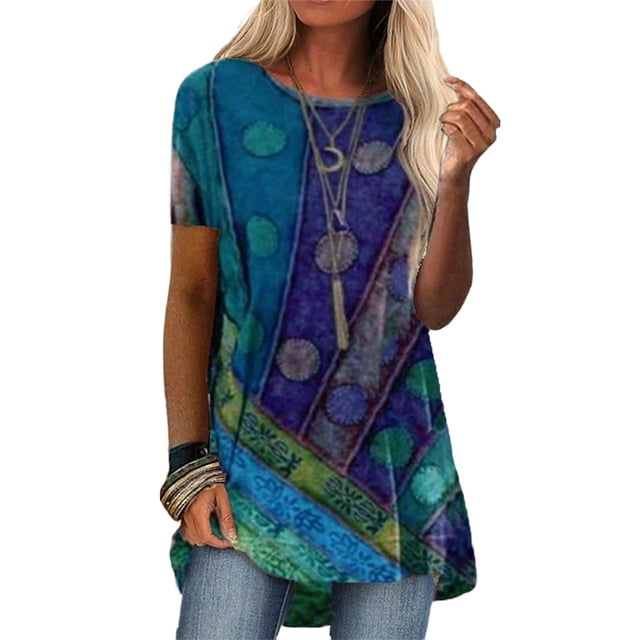 Oucaili Camiseta de manga corta con estampado digital informal de cuello redondo retro para mujer