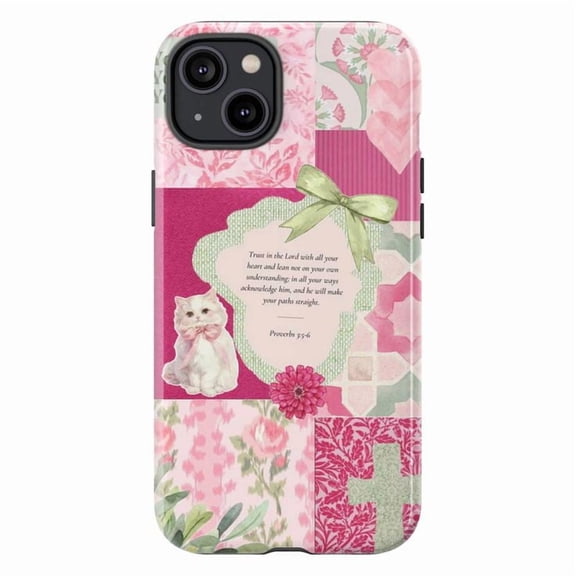 Cute Christian Phone Case with Bible Verse Proverbs 3:5-6, Pink Floral Patchwork Design with Cat and Cross, Inspirational Faith iPhone Cover for Women & Girls