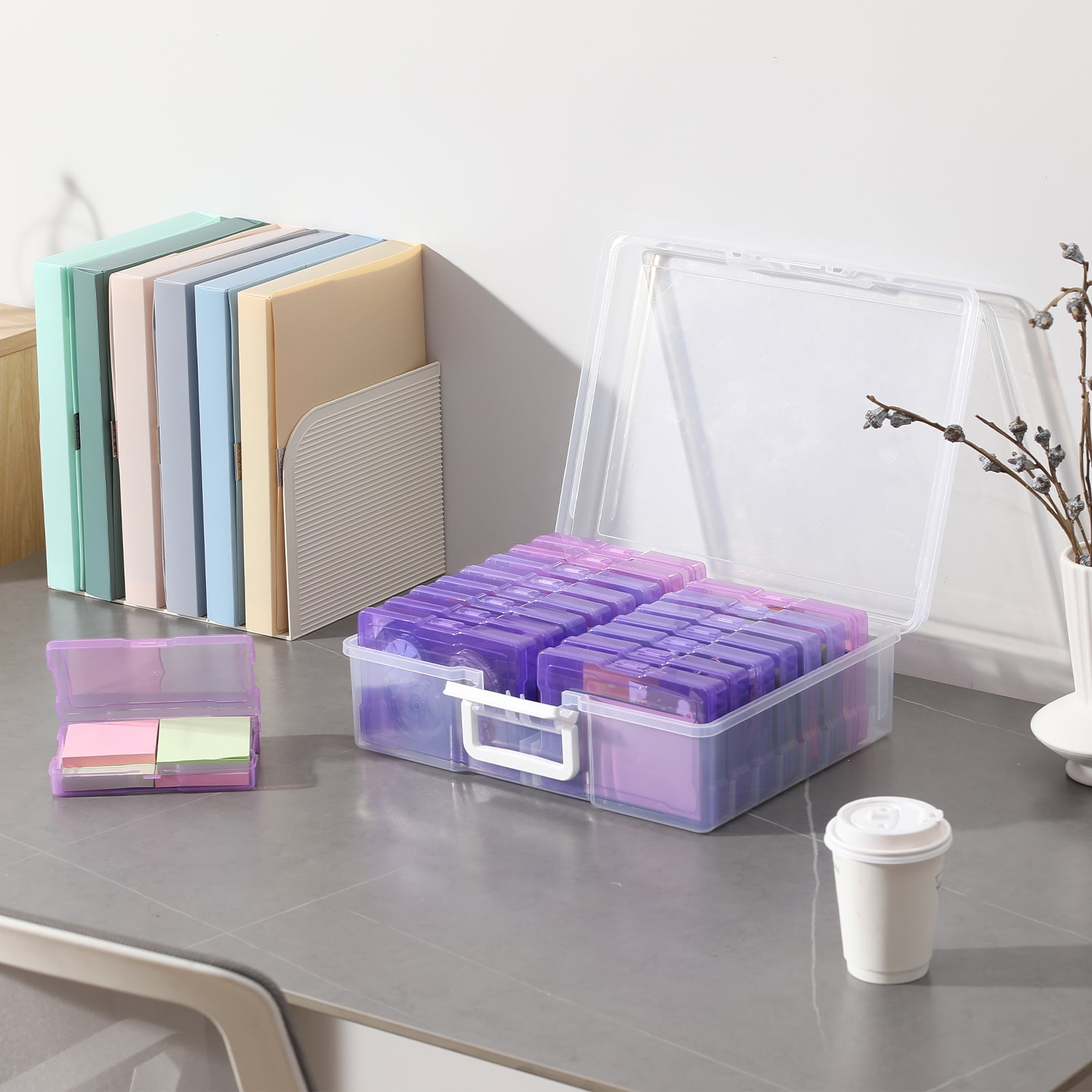 Novelinks Photo Storage Box with 16 Inner 4" x 6" Photo Case Organizer Box and Craft Keeper with handle for Photo Puzzles Cards Seed Packets,4 Purple Colors