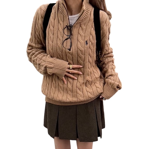 Women Cable Knit Cardigan Zip Up Collared Long Sleeve Vintage Sweater Loose Open Front Coats Khaki XL