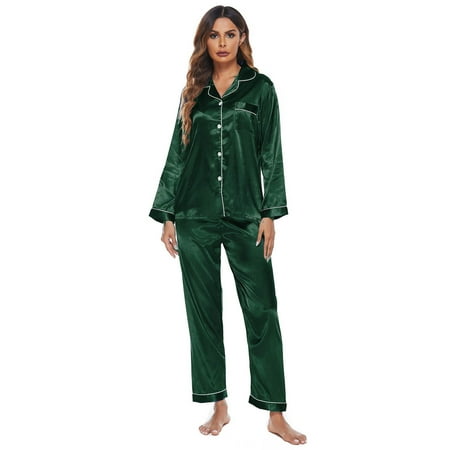 

Silk Satin Womens Pajama Sets Button Down Sleepwear Loungewear M~2XL