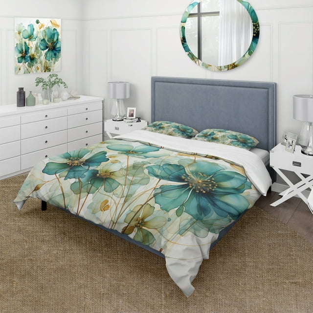 Designart "Blue Green Organic Growth" Abstract Botanicals Bedding Covert Set - Modern Teal Abstract Bed Set With 1 Sham