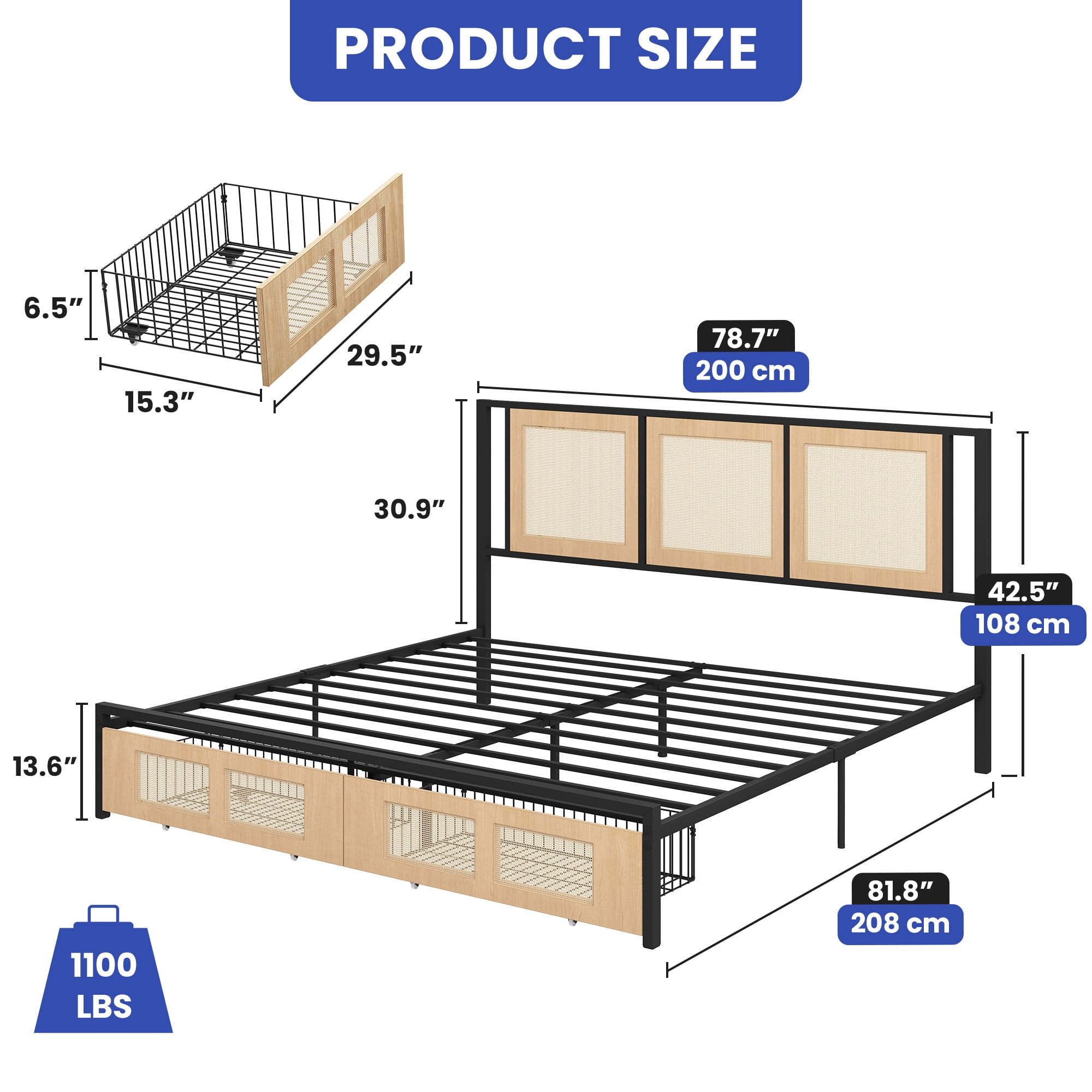 ModFusion- Modern King Size Bed Frame with Hand-Woven Rattan Design, Dual Storage Drawers, and Noise-Free Metal Slat Support, Easy Assembly , Brown