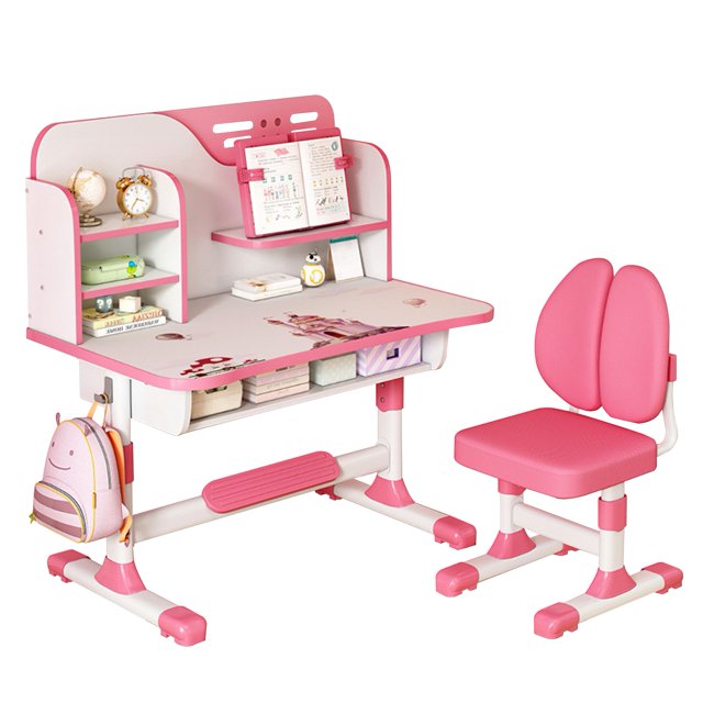 2Pcs/Set Premium Kids Study Desk Chair Set, Height Adjustable Children School Study Table Chair Set with Astronaut Pattern, Ergonomic Desk Chair with Large Writing Board, Bookshelf and Drawer
