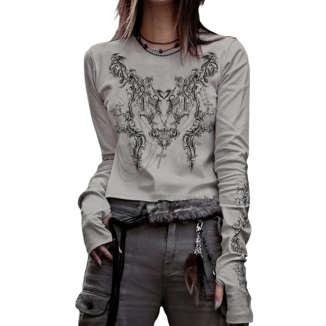 Faithtur T-Shirt Décontracté Femme Col Rond Manches Longues Vintage Totem Imprimé Tops Bas Tee Outwear