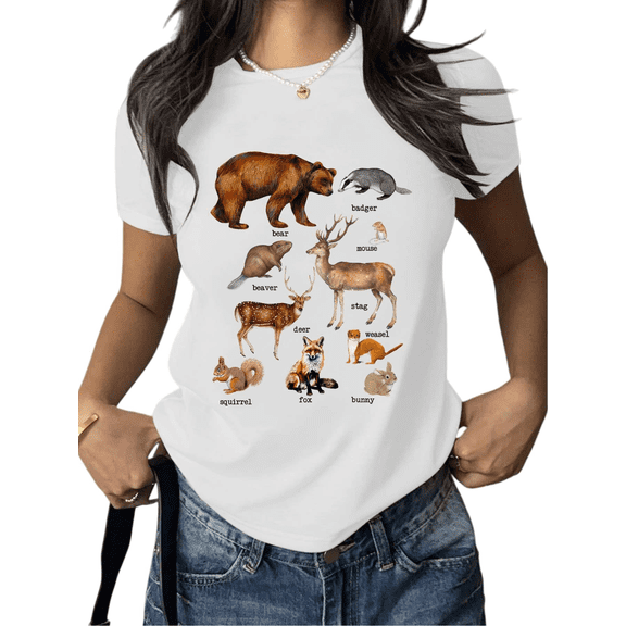 White Print Tshirt Graphic Tees Shirts with Woodland Animals Bear Fox Deer Design for Outdoor Picnic Daily Wear Trendy Women Print T shirt Tops S-5XL