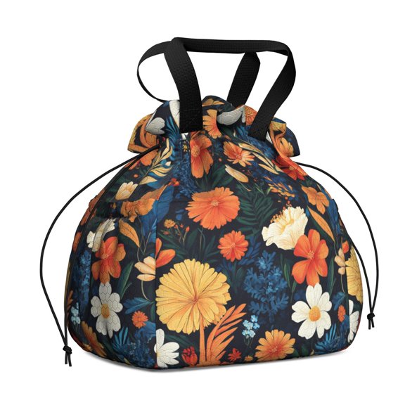 Floral Pattern Drawstring Lunch Bag Women - Drawstring Lunch Bag Insulated for Work Office - Stain-Resistant Large Lunchbags for Women with Multi-Pockets