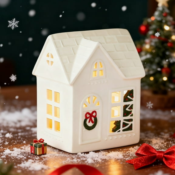 Dserhfy Christmas Village House Figurine LED Lighted White Small House Tabletop Decoration Winter Rustic Farmhouse Holiday Decor for Mantel Tabletop Room