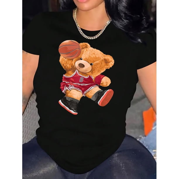 1pc Women'S Casual Polyester Basketball Bear Print T-Shirt, Crew Neck, Medium Stretch Knit Fabric, Animal Pattern, All-Season Comfort Fit