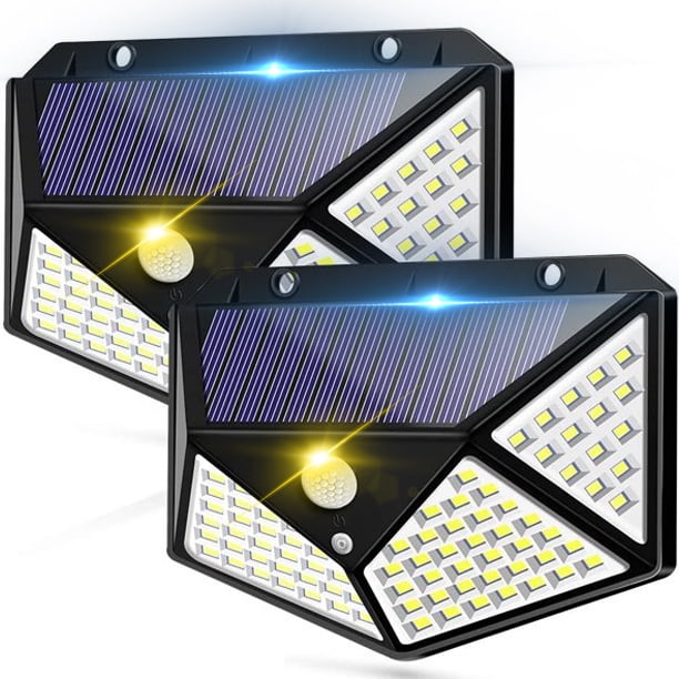 Solar Motion Sensor Lights,100 LEDs IP65 Waterproof Outdoor Wireless Lights with 3 Intelligient Modes, Outdoor Security Wall Light with 270 Degree Wide Angle, Solar Lights, for Garage, Porch(2Pack)