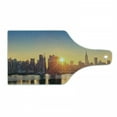 thumbnail image 1 of City Cutting Board, Tranquil Sunrise at Midtown Manhattan United States NYC Waterfront America, Tempered Glass Cutting and Serving Board, Wine Bottle Shape, Pale Blue Peach Tan, by Ambesonne, 1 of 1
