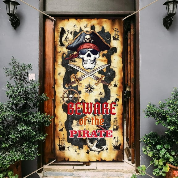 1 Pc Beware of Pirates Door Banner Treasure Map Ship's Wheel Anchor Patterns Birthday Backdrop Photo Booth Props for Pirate Theme Party Supplies 35.4x72.8 inch