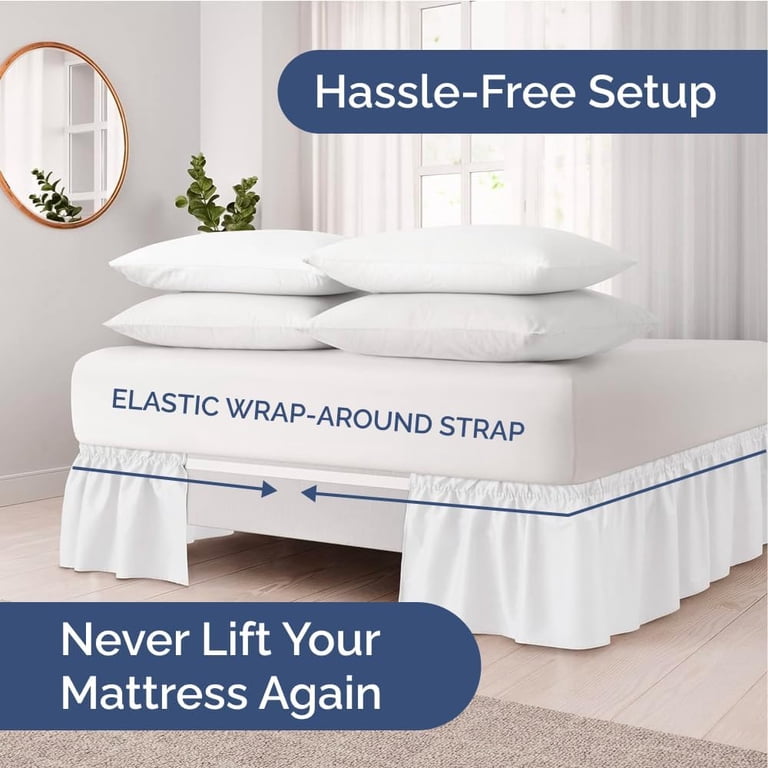 Elastic Wrap-Around Queen Bed Skirt, White, 15" Drop photo 2