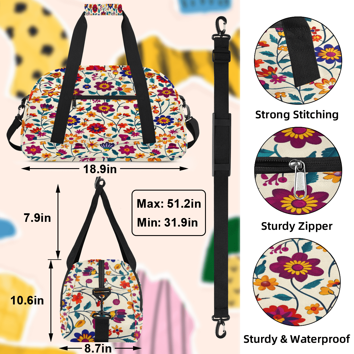 Herdesigns Sports Duffle Bags Travel Duffle Bag Gym Bag Mexico Floral Colorful Ornate Ethnic Weekender Travel Bag Waterproof Overnight Bag Carry On Travel Tote Bag Dance Bags