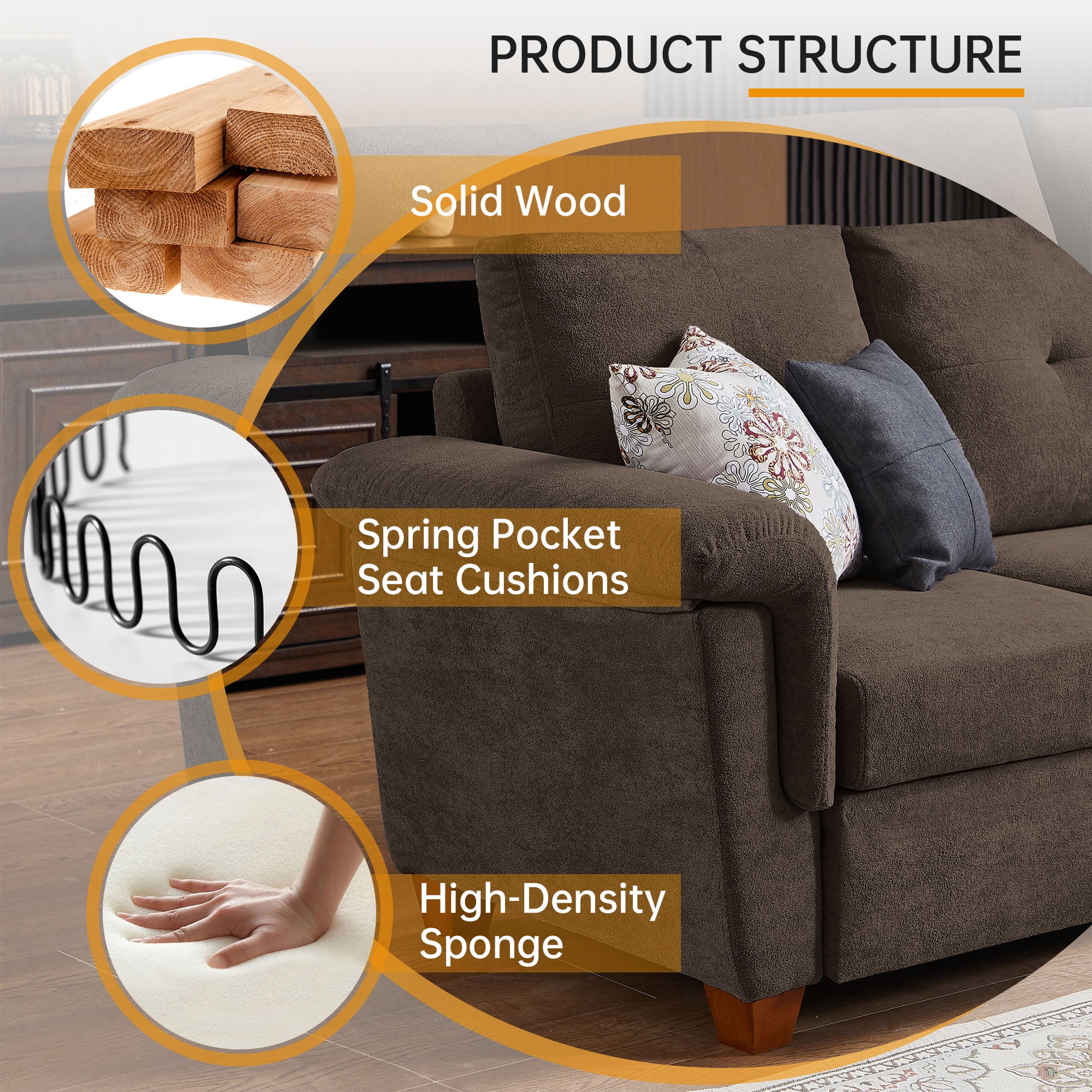 Jarenie Modern Microfiber Armchair, Convertible Sectional Sofa with Storage, 4 Seat L Shaped Couch, Dark Coffee
