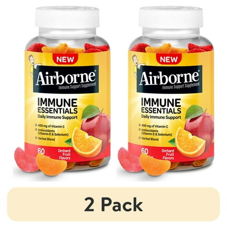 (2 pack) Airborne Immune Essentials Vitamin C Gummies, Multivitamin Supplement, Assorted Fruit Flavor, 60 ct