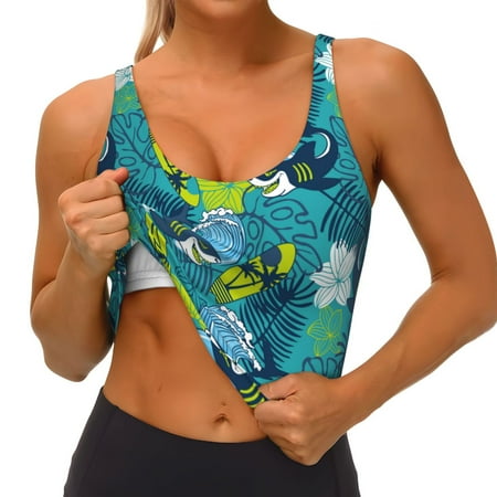 Qokaie Shark And Leaves Pattern Womens Scoop Neck Sports Bra Breathable Workout Vest Padded U Back Medium Impact Fitness Gym Yoga Bra Workout Crop Top