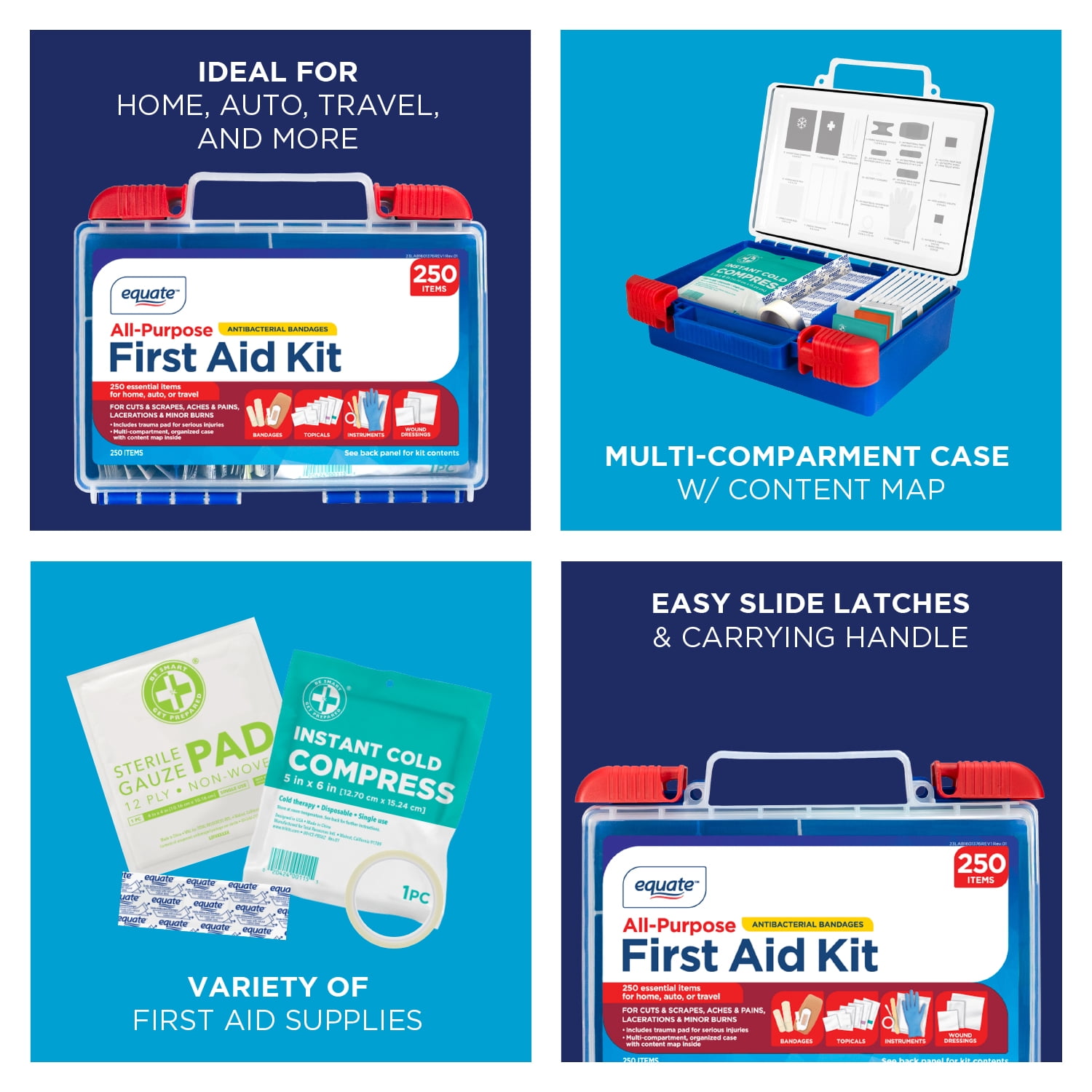 Equate All-Purpose First Aid Kit with Antibacterial Bandages, 250 Items