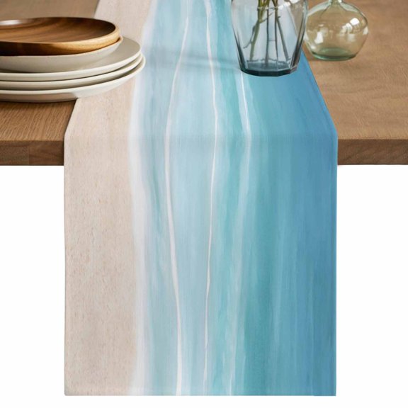 Blue Coastal Table Runner 70 Inches, Waves Summer Beach Ocean Sea Bed Runner Dresser Scarves Tabletop for Indoor Outdoor Parties/Ceremony/Banquet, 13" x 70"