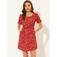 thumbnail image 2 of Vestido Floral Por Encima De La Rodilla Con Cintura Elástica Y Cuello Cuadrado Con Mangas Abullonadas Para Mujer Rojo XS, 2 of 6