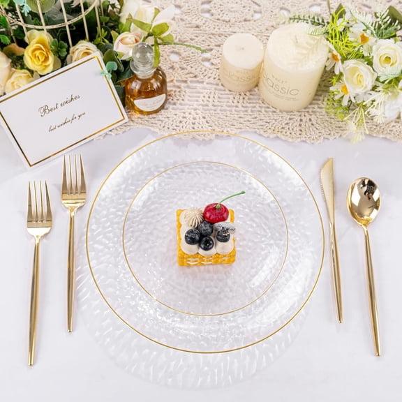 Clear Plastic Plates, Disposable Plates With Gold Rim, Heavy-duty Gold Plates, Hammered Party Plates Include Dessert Plates, Dinner Plates for Wedding, Party