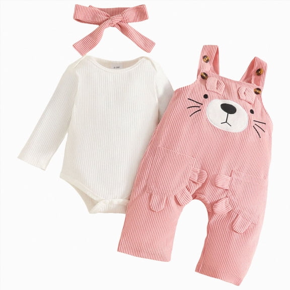 TOWED22 Baby Girl Fall Winter Clothes 3 Pieces Sets Long Sleeve Round Neck Floral Jumpsuit Romper Print Pants Headband Outfits Set(Pink,3-6 M)