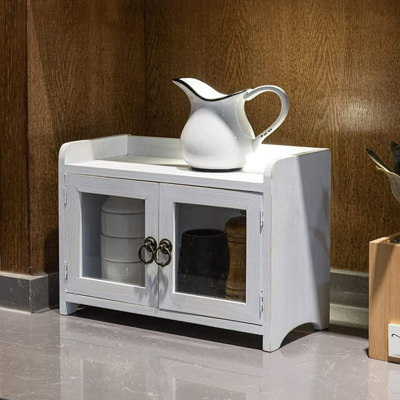 Mini Countertop Cabinet with Magnetic Door, Distressed Wood Storage Organizer for Kitchen Living Room Bedroom Bathroom Office