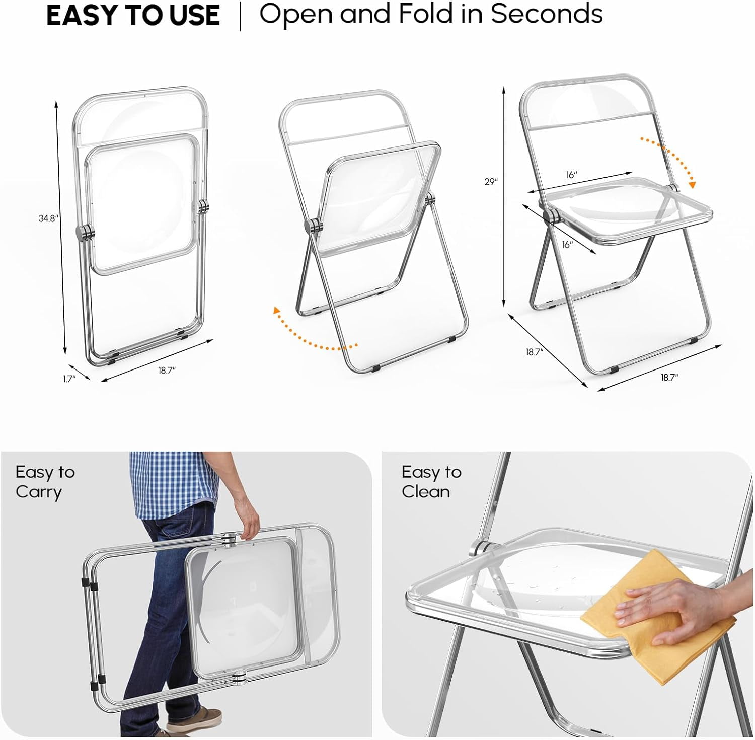 VINGLI Folding Chairs 4 Pack, Clear Chair Foldable and Stackable, Acrylic Plastic Panel & Metal Chrome Frame, Weight Capacity 350 lbs, Transparent
