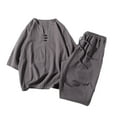 thumbnail image 1 of Two Piece Pants Sets Mens Two Piece Solid Cotton Linen 3/4 Sleeve V Neck Tops and Shorts Set, 1 of 10