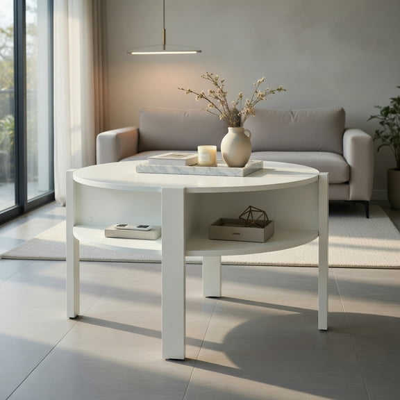Resenkos 29.5" Round Space-Saving Coffee Table with Two Storage Shelves, White