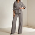 thumbnail image 4 of Purcolt Womens 2 Piece Matching Pant Set Dressy Casual Collared Roll Up Long Sleeve Button Front Shirt Full Length Wide Leg Trousers Business Work Office Outfits, 4 of 7