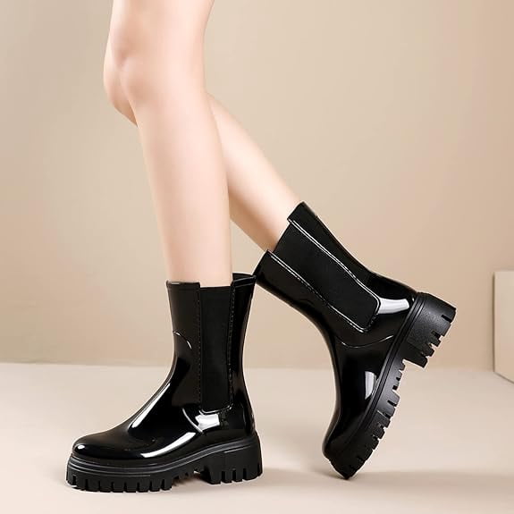 Lcamaw Rain Boots for Women, Waterproof PVC Rubber Garden Boots Womens Chelsea Boots Short Platfrom Rain Boots, Anti-Slip Elastic Slip On Rainboots Garden Rain Shoes for Yard Farm Outdoor Work